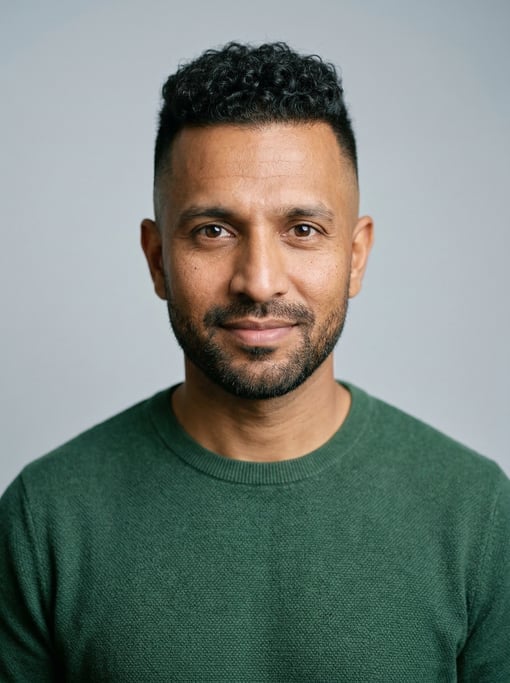 Professional studio headshot of a 37-year-old Pakistani man with a high fade with short curly top