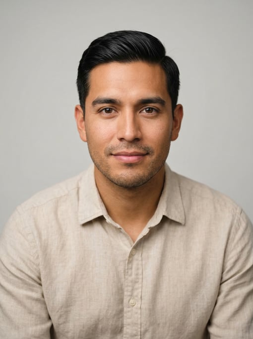 Professional studio headshot of a 27-year-old Latino man with neat black side-parted hair