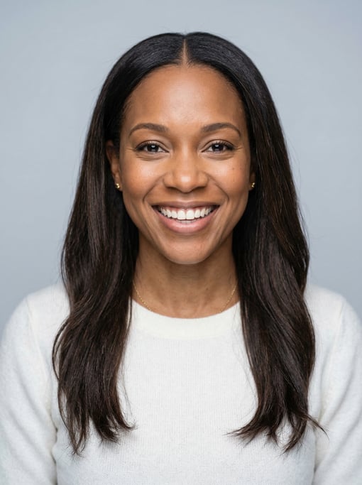 Professional studio headshot of a 39-year-old Black American woman with long straight dark brown hai