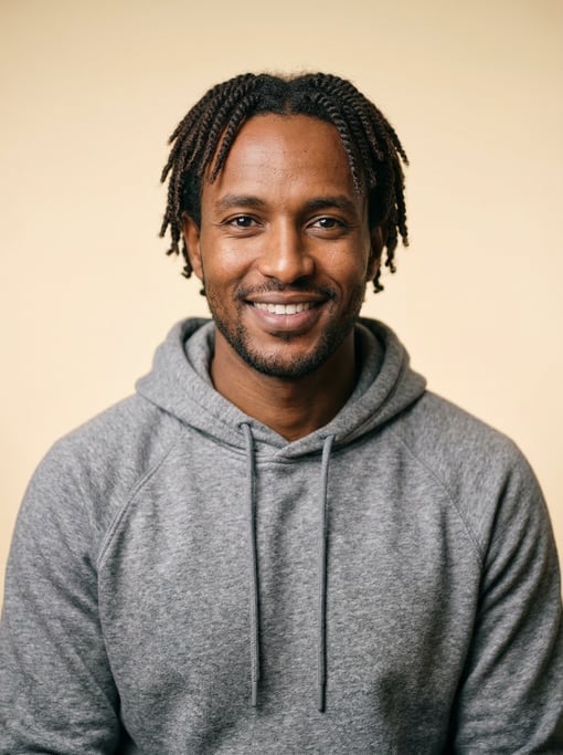 Professional studio headshot of a 29-year-old Ethiopian man with twists in dark brown