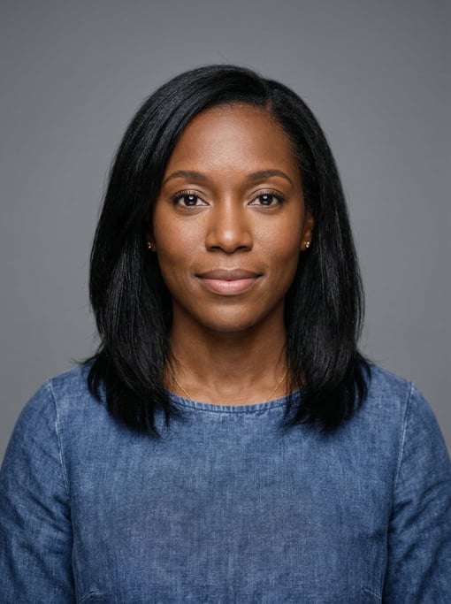 Professional studio headshot of a 37-year-old Jamaican woman with shoulder-length straight black hai