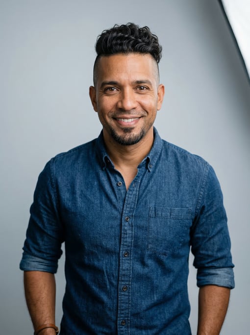 Professional studio headshot of a 38-year-old Cuban man with an undercut with longer textured top