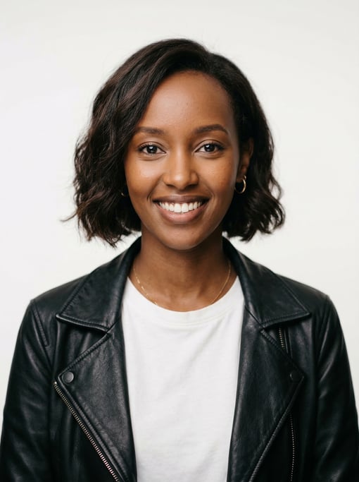 Professional studio headshot of a 24-year-old East African woman with a chin-length bob in dark brow