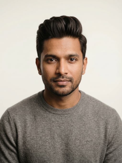 Professional studio headshot of a 35-year-old Sri Lankan man with a pompadour in dark brown
