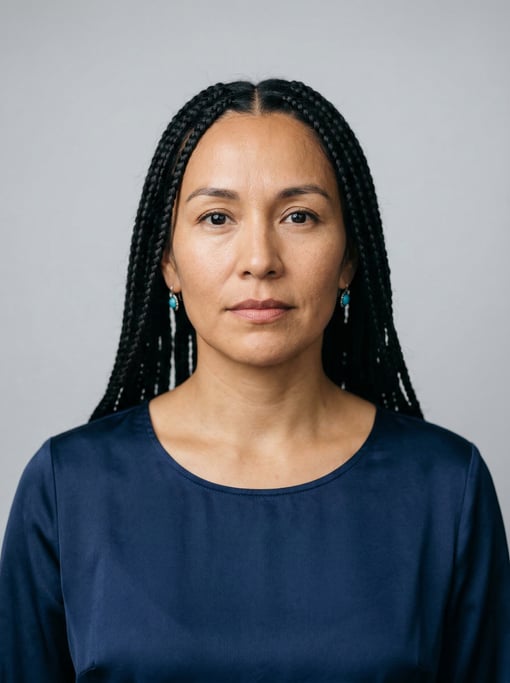 Professional studio headshot of a 36-year-old Native American woman with long box braids in black