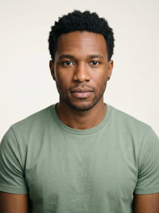 Professional studio headshot of a 26-year-old Black American man with short textured black hair