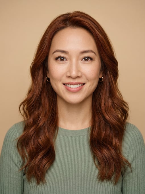 Professional studio headshot of a 31-year-old Chinese woman with long wavy auburn hair