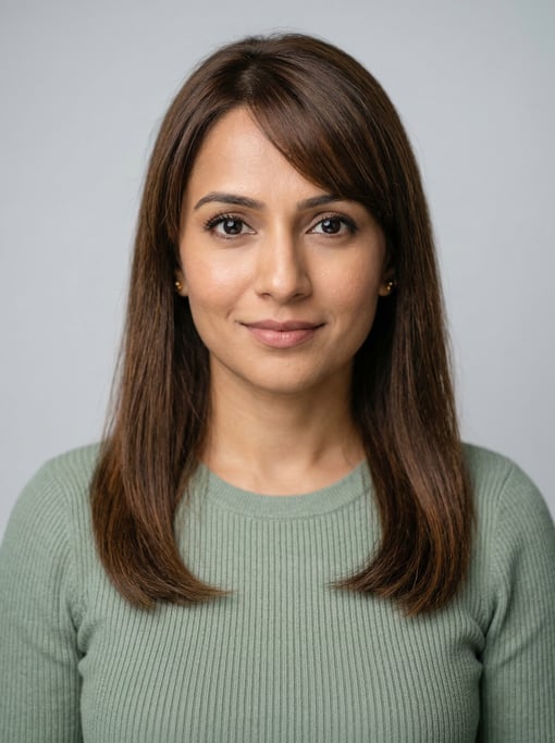 Professional studio headshot of a 36-year-old Indian woman with shoulder-length straight brown hair