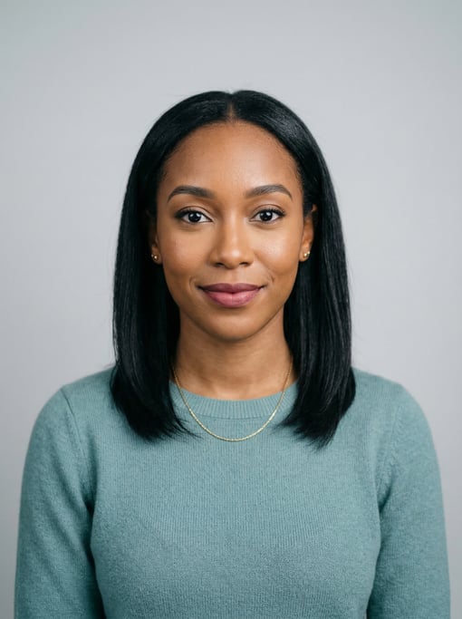 Professional studio headshot of a 26-year-old Jamaican woman with shoulder-length straight black hai