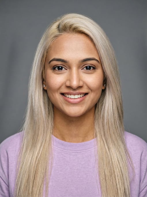 Professional studio headshot of a 25-year-old Bengali woman with long straight platinum blonde hair
