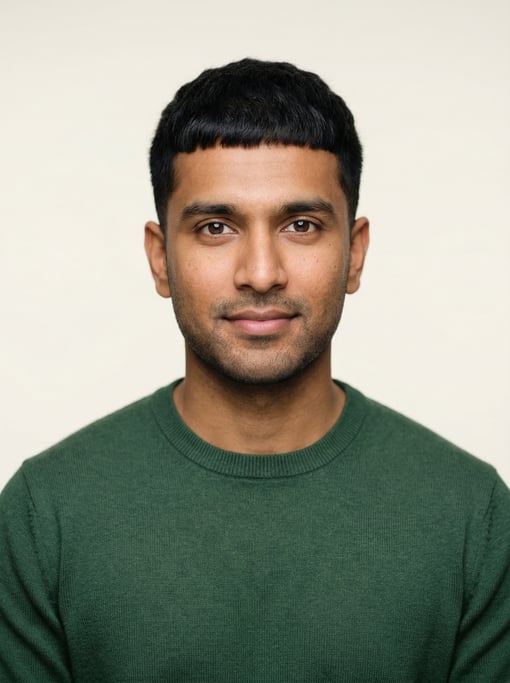 Professional studio headshot of a 28-year-old South Asian man with a Caesar cut in black