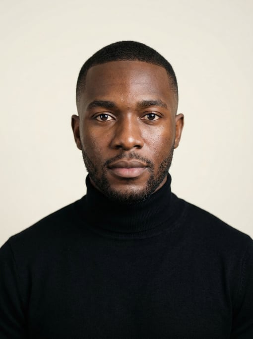 Professional studio headshot of a 26-year-old Black African man with a short clean fade