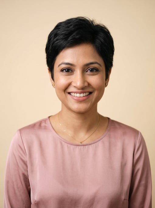 Professional studio headshot of a 33-year-old Bengali woman with a short pixie cut in black