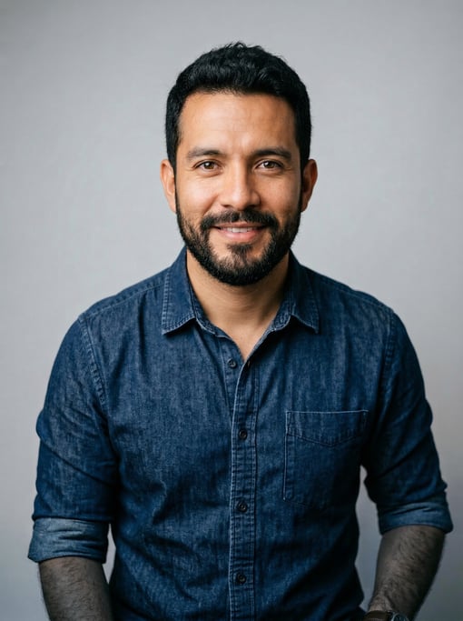 Professional studio headshot of a 34-year-old Colombian man with short textured black hair