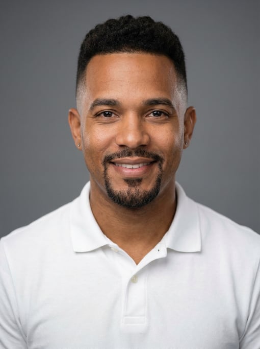 Professional studio headshot of a 35-year-old Dominican man with a taper fade in dark brown