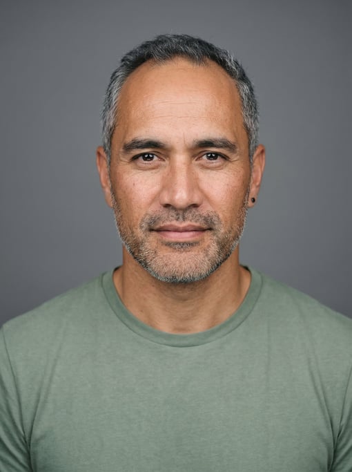 Professional studio headshot of a 37-year-old Maori man with receding hairline with short grey hair