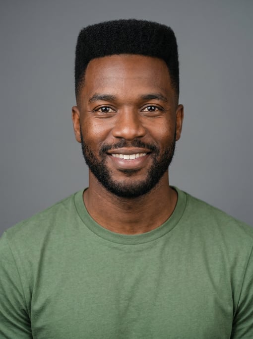 Professional studio headshot of a 29-year-old Jamaican man with a flat top in black