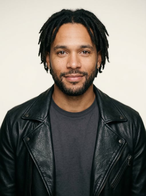 Professional studio headshot of a 30-year-old mixed-race man with short locs in black