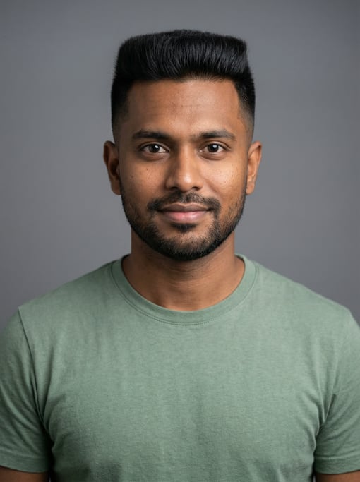 Professional studio headshot of a 31-year-old Bengali man with a flat top in black