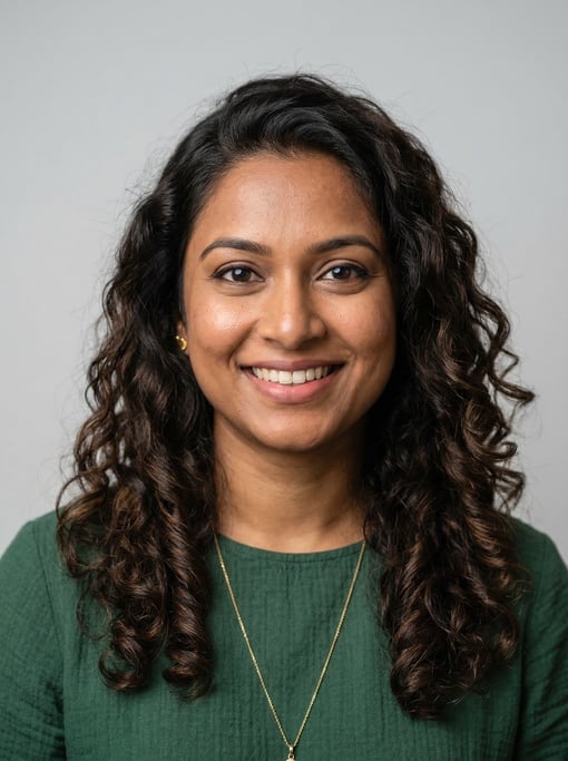 Professional studio headshot of a 32-year-old Bengali woman with long loose curls in dark brown