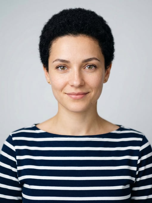 Professional studio headshot of a 25-year-old White Eastern European woman with a short TWA hairstyl