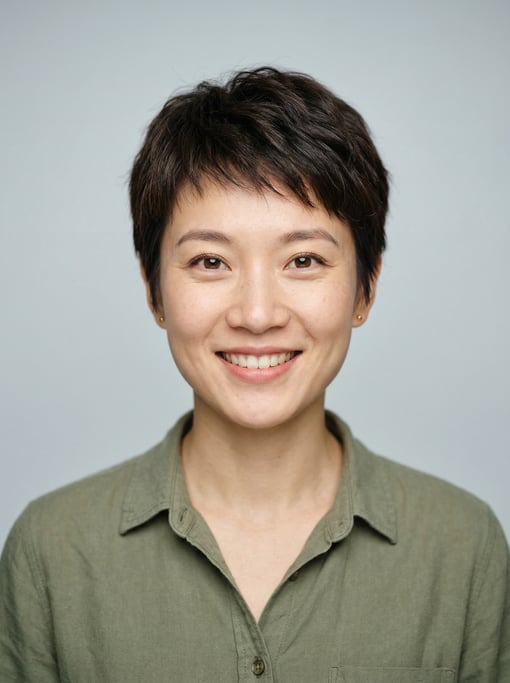 Professional studio headshot of a 31-year-old Chinese woman with a short pixie cut in dark brown