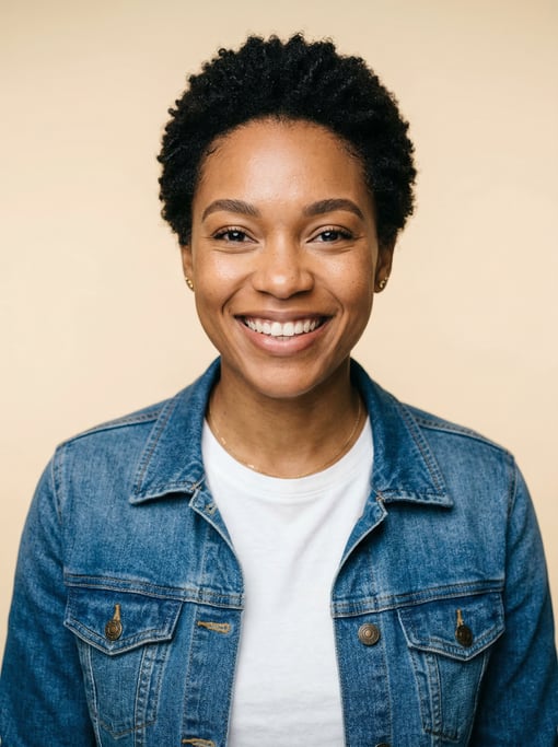 Professional studio headshot of a 26-year-old Jamaican woman with a short TWA hairstyle in black