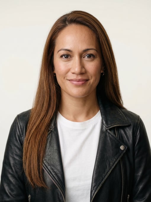 Professional studio headshot of a 38-year-old Pacific Islander woman with long straight chestnut hai