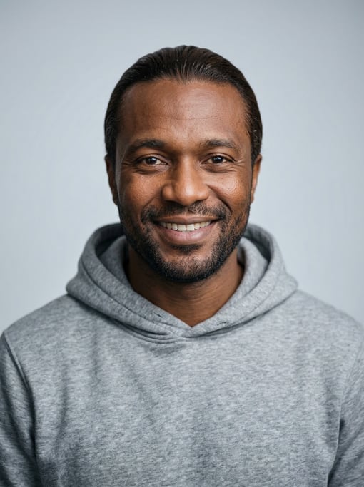 Professional studio headshot of a 37-year-old West African man with a slicked-back style in dark bro