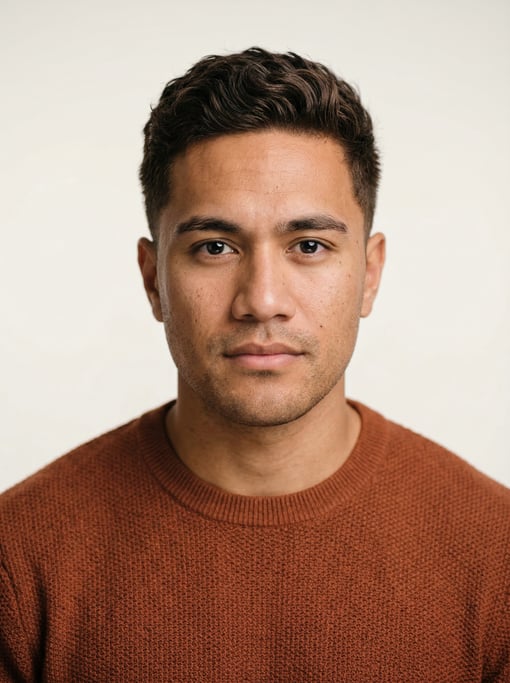 Professional studio headshot of a 26-year-old Pacific Islander man with short textured dark brown ha