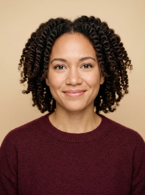 Professional studio headshot of a 30-year-old Hawaiian woman with twist-outs in dark brown