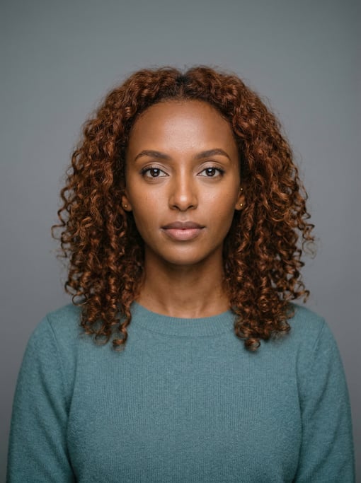 Professional studio headshot of a 25-year-old Ethiopian woman with shoulder-length curly auburn hair