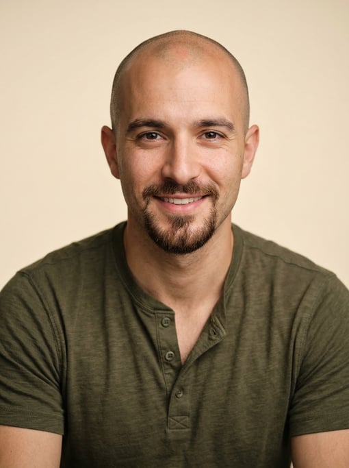 Professional studio headshot of a 29-year-old White Mediterranean man with a shaved head, a goatee