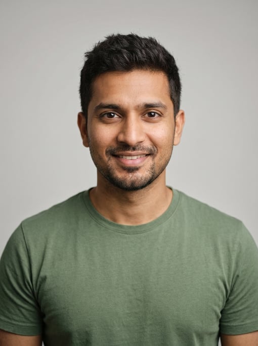Professional studio headshot of a 26-year-old South Asian man with short textured dark brown hair
