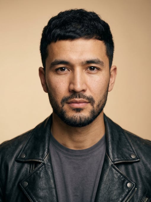 Professional studio headshot of a 27-year-old Central Asian man with a black textured crop