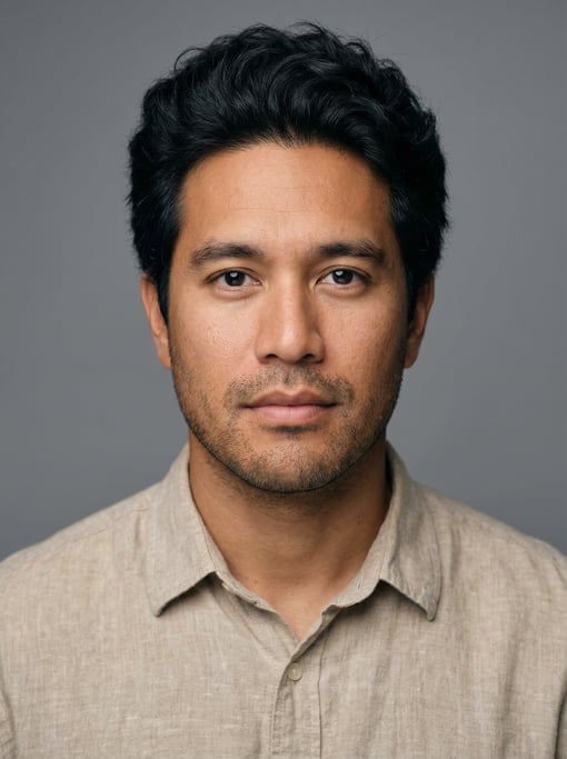 Professional studio headshot of a 34-year-old Hawaiian man with thick coarse black hair with natural