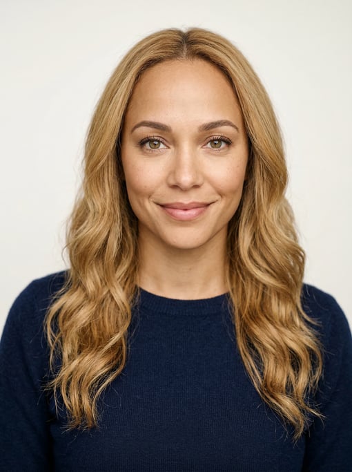 Professional studio headshot of a 36-year-old mixed-race woman with long wavy honey blonde hair