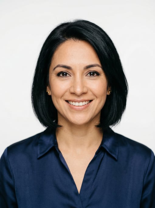 Professional studio headshot of a 39-year-old Latina woman with a chin-length bob in jet black