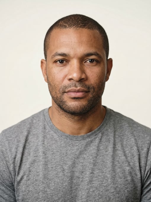 Professional studio headshot of a 40-year-old Ghanaian man with short cropped dark brown hair