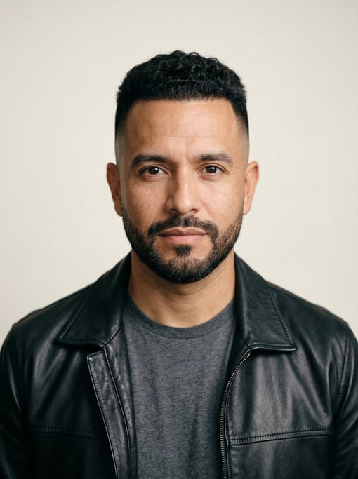 Professional studio headshot of a 40-year-old Latino man with a high fade with short curly top
