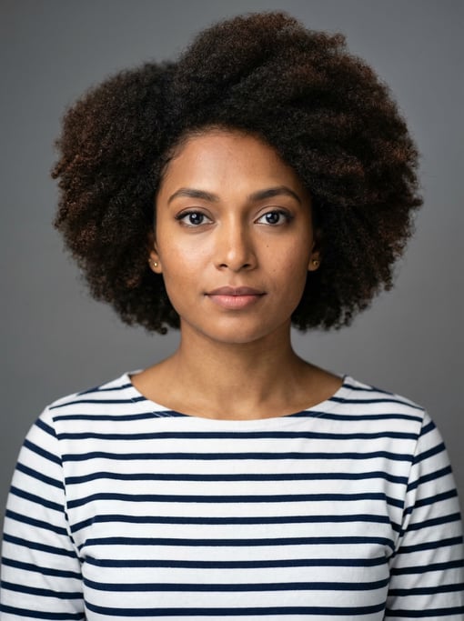 Professional studio headshot of a 25-year-old Bengali woman with a natural afro in dark brown