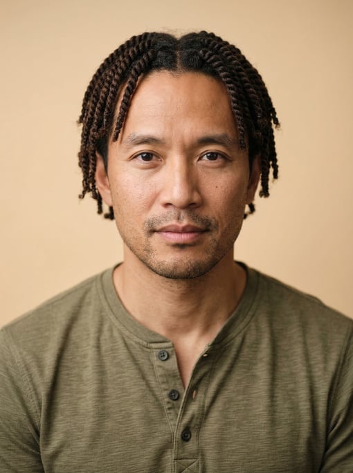 Professional studio headshot of a 40-year-old Chinese man with twists in dark brown