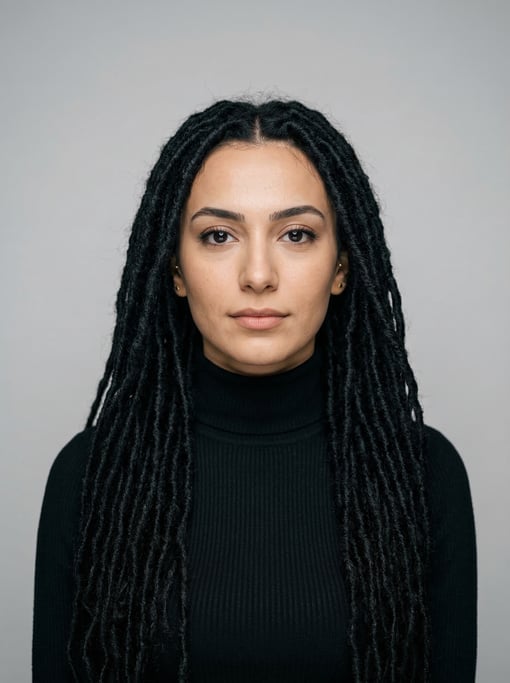 Professional studio headshot of a 24-year-old Turkish woman with long faux locs in black