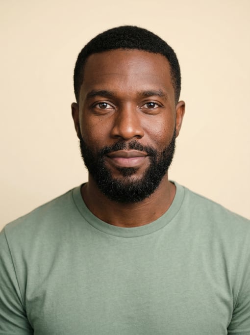 Professional studio headshot of a 37-year-old Jamaican man with a Caesar cut in black