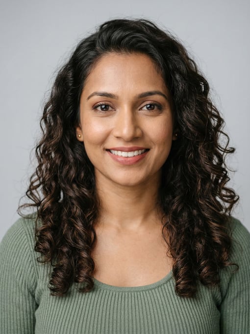 Professional studio headshot of a 30-year-old Sri Lankan woman with long loose curls in dark brown