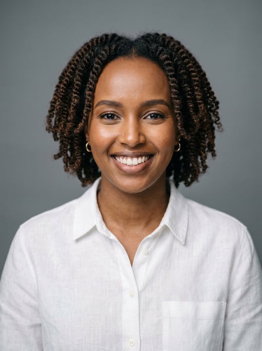 Professional studio headshot of a 30-year-old Somali woman with twist-outs in dark brown