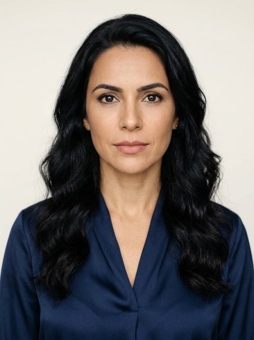 Professional studio headshot of a 39-year-old Brazilian woman with long wavy black hair