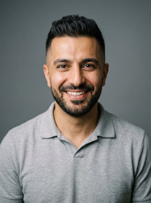 Professional studio headshot of a 38-year-old Persian man with a mid fade with textured top