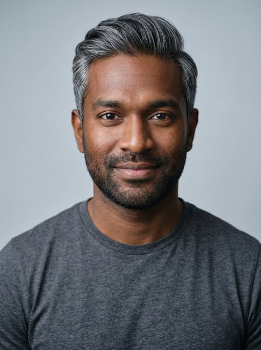 Professional studio headshot of a 31-year-old Ghanaian man with silver-streaked dark hair combed bac