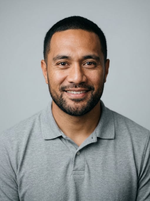 Professional studio headshot of a 36-year-old Polynesian man with short cropped black hair